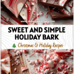 Close-up of Candy Cane Chocolate Bark with melting swirls and crushed candy canes on a festive holiday board.